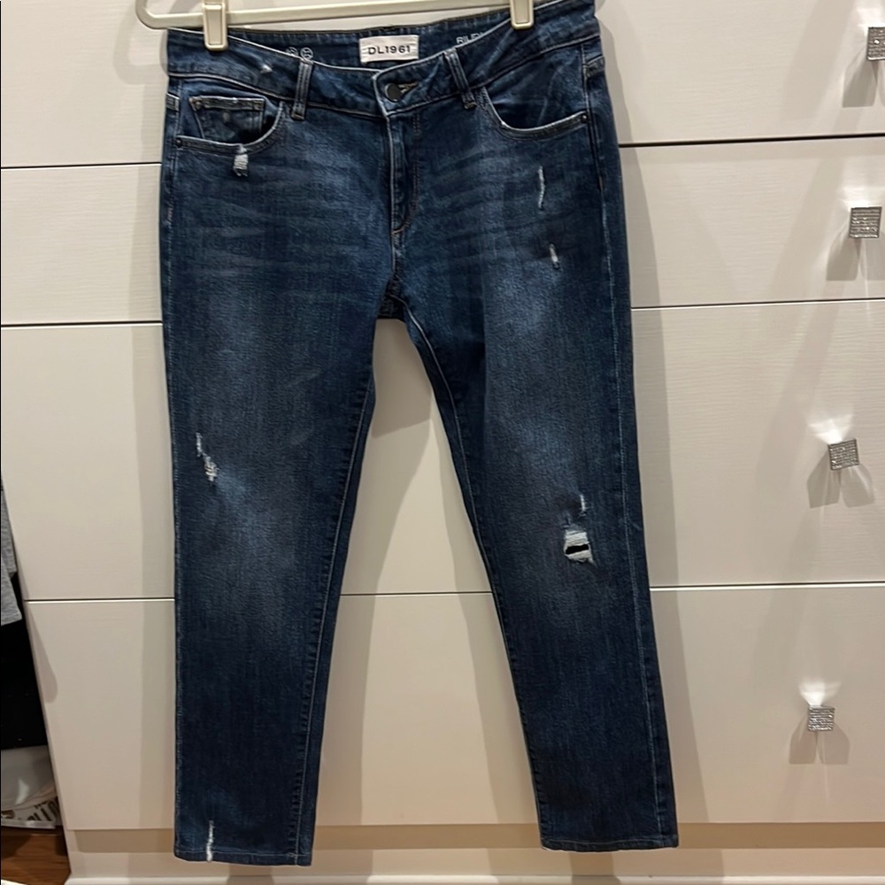 DL1961 Blue Straight Leg Jeans with Distressed Details